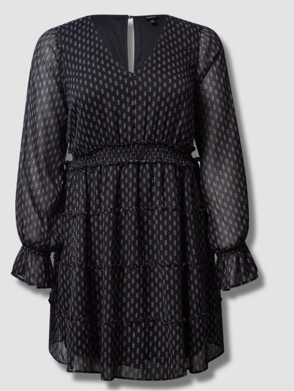 Torrid Black Printed V-Neck Tiered Long Sleeve Dress